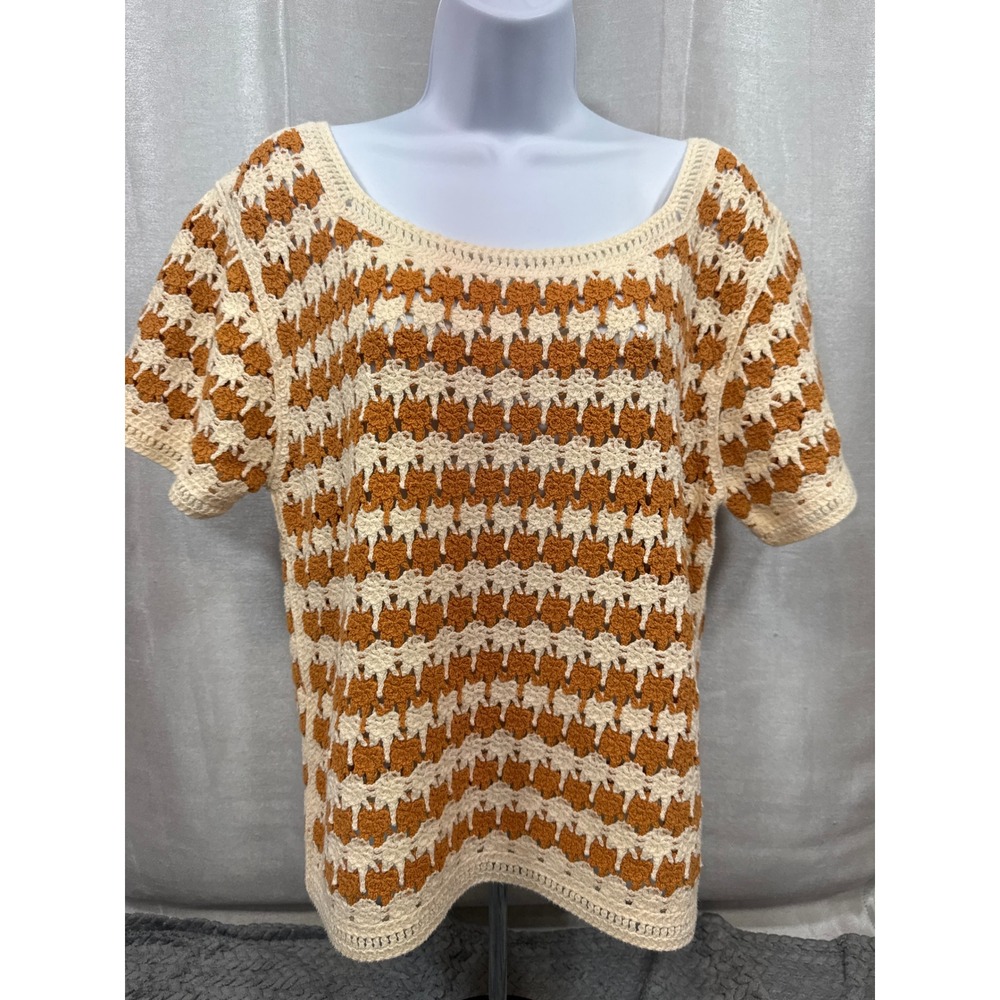 World Market Crochet Knit Top Cream Rust Orange Boho Short Sleeve S/M